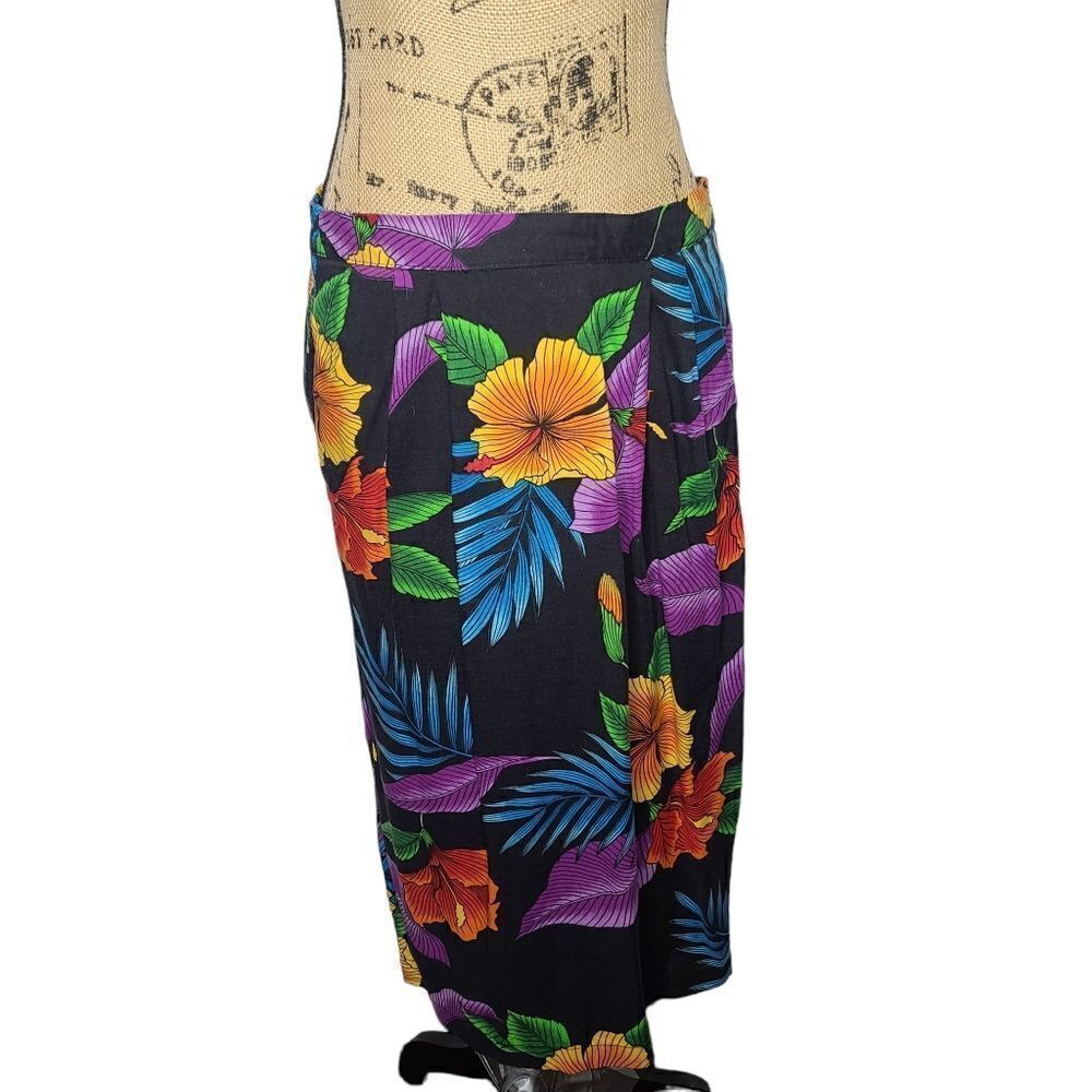 Vintage 80s 90s Black Neon Tropical Flower Skirt